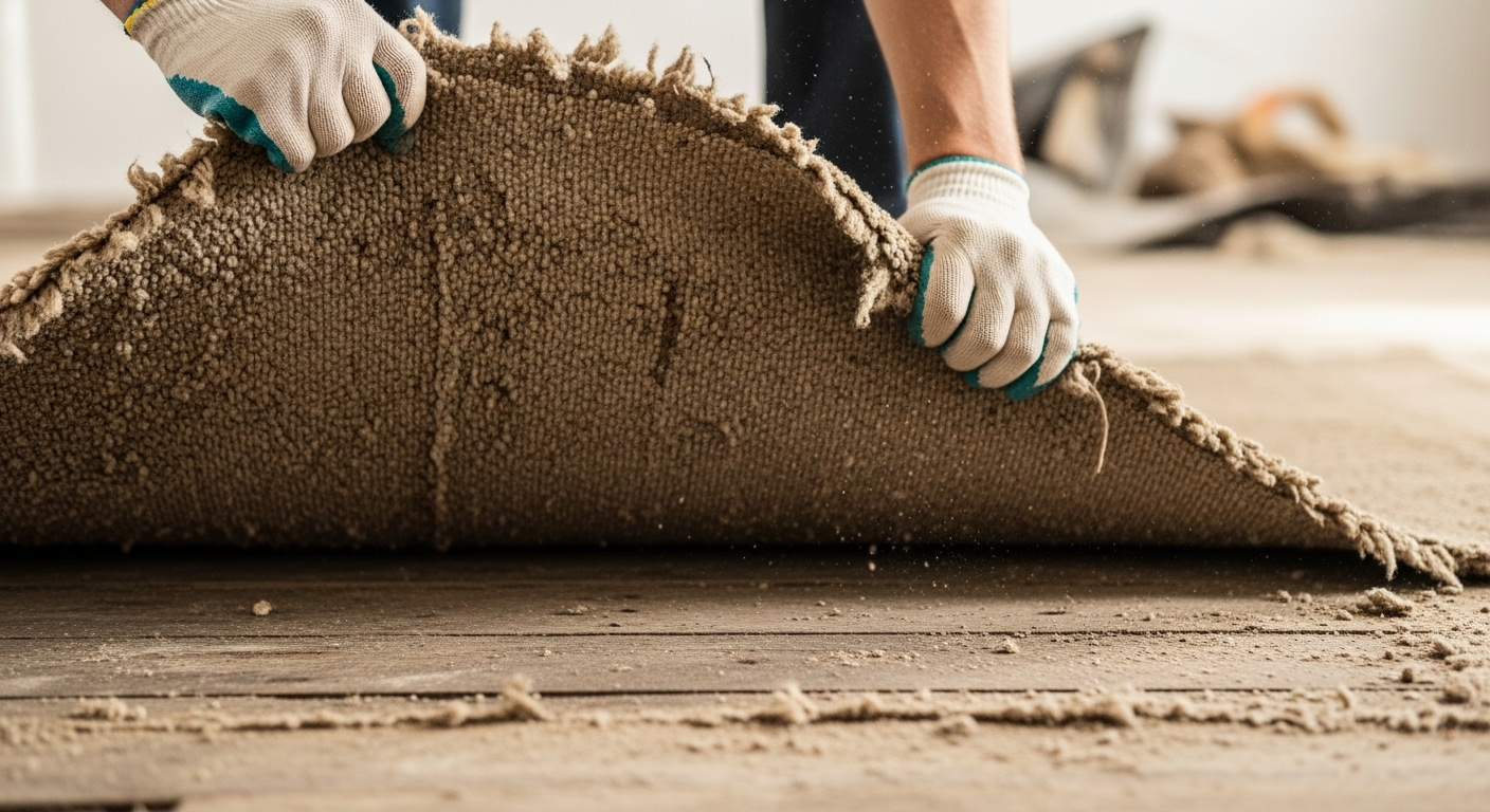 Old carpet being ripped up from the floor